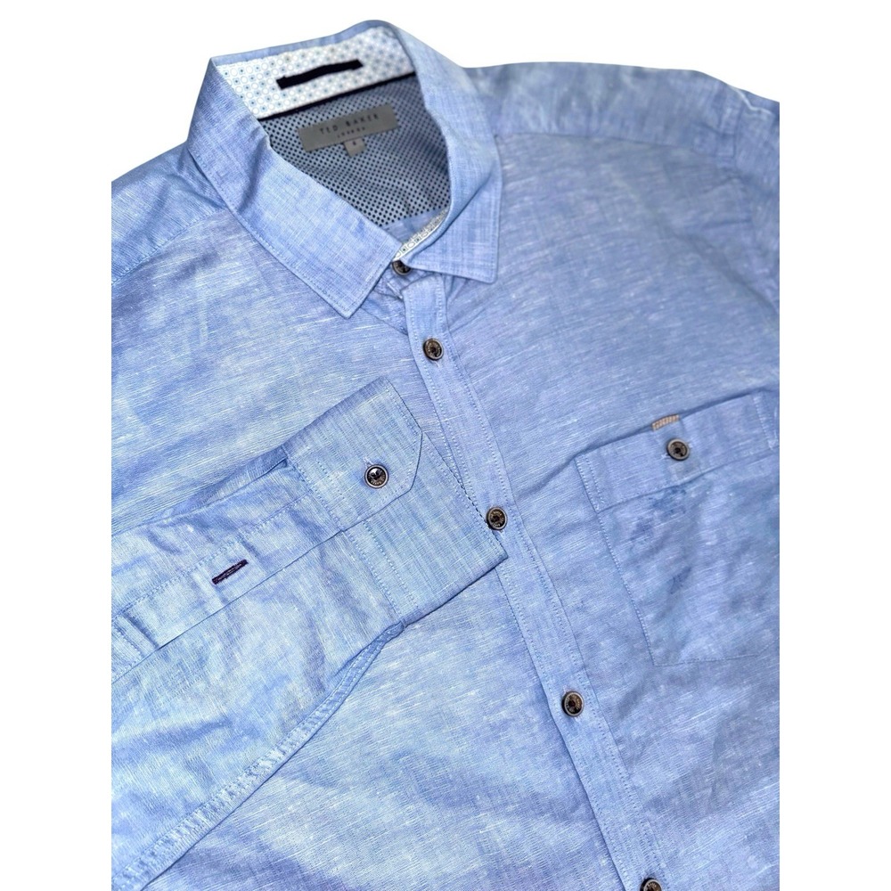 Ted Baker London Mens Blue Linen Blend Long Sleeve Button Down Shirt Size 4 L